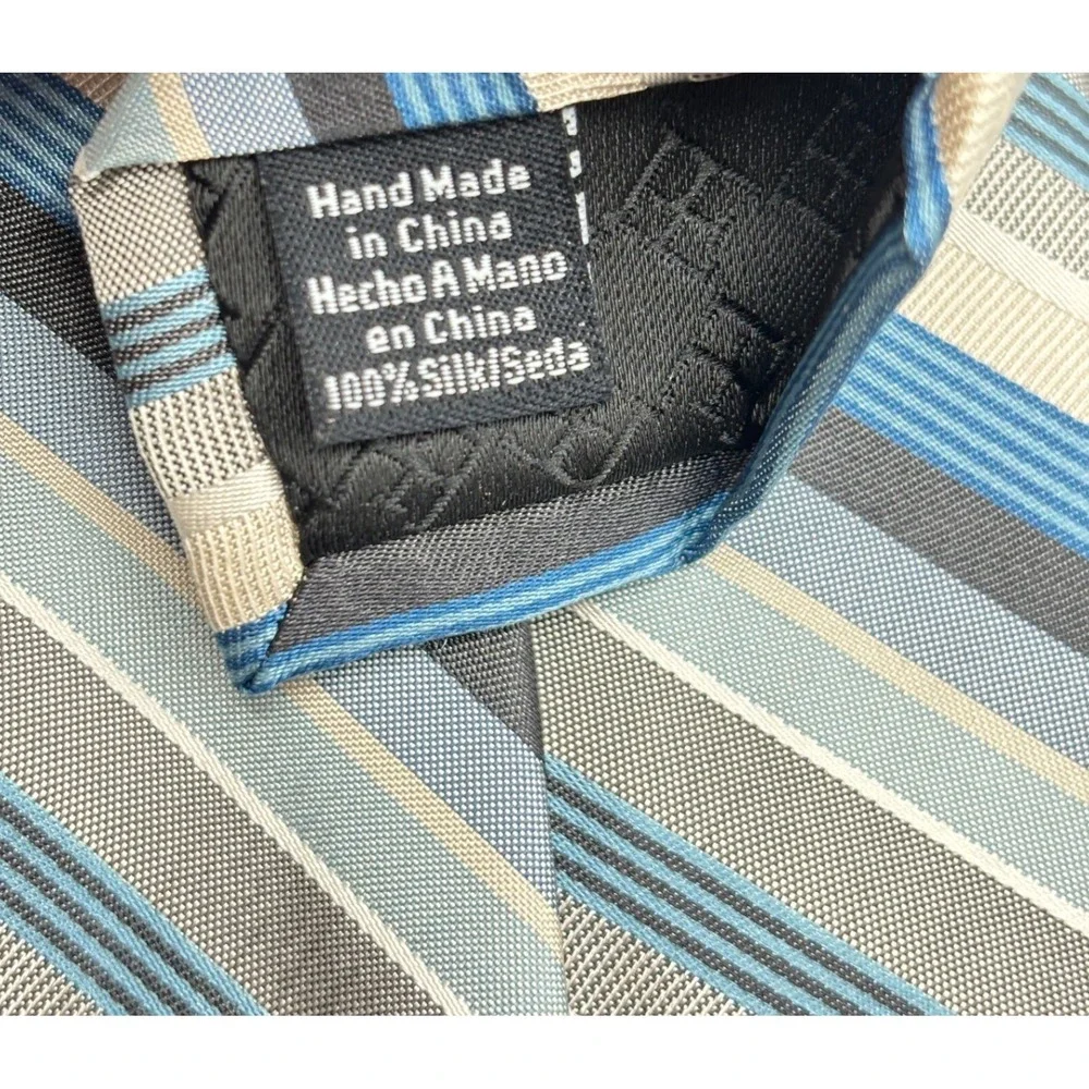 Perry Ellis Portfolio Mens 100% Silk Stripe‎ Neck Tie Blue Tan Gray Formal
